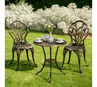 Yaheetech Bronze 3 Piece Patio Bistro Table Set, 2 Seater Metal Garden Table & Chairs Bistro Coffee Table Set With Umbrella Hole