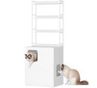 Yaheetech Cat Litter Box Enclosure with Litter Catching Platform & Shelves | Hidden Cats Washroom, 3-tier Storage Shelves, Side Entry, Pull-Out Cleaning Door, E1 MDF Panel, Living Room, White