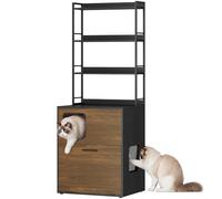 Yaheetech Cat Litter Box Enclosure with Litter Catching Platform & Shelves | Hidden Cats Washroom, 3-tier Storage Shelves, Side Entry, Pull-Out Cleaning Door, E1 MDF Panel, Living Room, Black/Walnut