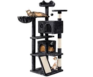 Yaheetech Cat Tree, 144.5cm Multi-level Cats Climbing Tower w/Sisal Scratching Posts/2 Condos＆Dangling Balls,Kitten Activity Centre Pet Play House, Black