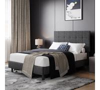 Yaheetech Dark Grey 5Ft King Upholstered Bed Frame With Square Tufted Adjustable Headboard And Wooden Slats Support