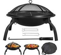 Yaheetech Fire Pit for Garden, Portable Folding Firepit, 54 x 38.5cm, Black | Outdoor Foldable Iron Fire Bowl | With Grill, Poker & Carrying Bag | Heating & Cooking | For Camping Backyard BBQ Bonfire