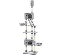 Yaheetech Floor to Ceiling Cat Tree, 228-255cm Height Adjustable Tall Tower for Indoor Cats, Scratching Post with Condos Baskets and Ladder Light Grey