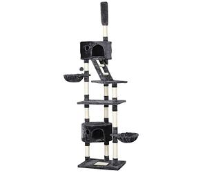 Yaheetech Floor to Ceiling Cat Tree, 228-255cm Height Adjustable Tall Tower for Indoor Cats, Scratching Post with Condos Baskets and Ladder Dark Grey