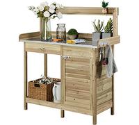 Yaheetech Garden Potting Table Wood Planting Germination Table w/Cabinet & Drawers Metal Surface Workstation with Hooks/Shelf for Patios Yard Lawn-Light Green