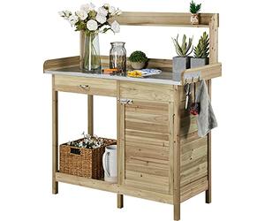 Yaheetech Garden Potting Table Wood Planting Germination Table w/Cabinet & Drawers Metal Surface Workstation with Hooks/Shelf for Patios Yard Lawn-Light Green