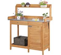 Yaheetech Garden Potting Table Wood Planting Workbench Table w/Cabinet & Drawers Metal Surface Workstation with Hooks/Shelf for Patios Yard Lawn-Wood