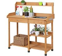 Yaheetech Garden Potting Table, Wood Potting Bench Removable Sink Drawer Planting Germination Workstation w/Open Shelves & Side Hooks for Patio, Balcony, Yard & Lawn