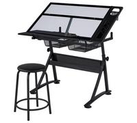 Yaheetech Glass Drafting Table And Stool Set With 2 Drawers