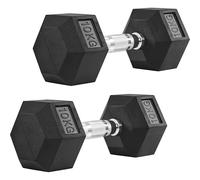 Yaheetech Hex Dumbbells Set with Work Guide, 5kg-10kg Dumbbells Pair, Anti-Roll Knurled Grip Rubber Dumbbells for Home Gym & Strength Training, 2 x 10kg