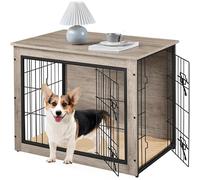 Yaheetech Indoor Dog Crate Furniture End Table with Cushion & Double Doors for Shiba Inus, Bichon Frises, Shih Tzus, Medium Dog Cage 80.5x55.5x63.5 cm, Grey