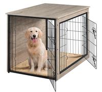 Yaheetech Indoor Dog Crate Furniture End Table with Cushion & Double Doors for Shiba Inus, Bichon Frises, Shih Tzus, Medium Dog Cage 96x65x67.5 cm, Grey