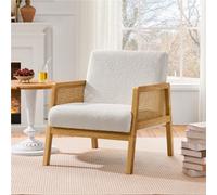 Yaheetech Ivory Boucle Upholstered Accent Chair With Rattan Sides And Rubberwood Legs