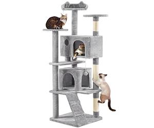 Yaheetech Large Cat Tree, 178cm Cat Tower w/Scratching Posts, 2 Condos, Perched Platform and 2 Dangling Balls Stable Pet Furniture, Light Grey