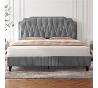 Yaheetech Light Grey 5Ft King Upholstered Bed Frame With Button-Tufted Adjustable Headboard And Wooden Slat Support