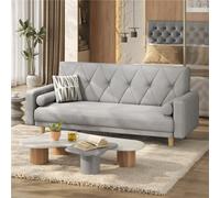 Yaheetech Light Grey Button-Tufted Fabric 3-Seater Convertible Sofa Bed With 2 Bolster Pillows