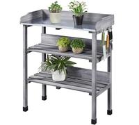 Yaheetech Potting Table, 3-layer Slatted Shelf Germination Table, Gray | Made of Natural Fir| With Metal Surface | With Removable Sink, Hooks, Storage Shelves | For Patio, Yard, Lawn