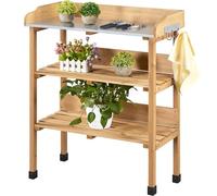 Yaheetech Potting Table, 3-layer Slatted Shelf Germination Table, Wood | Made of Natural Fir| With Metal Surface | With Removable Sink, Hooks, Storage Shelves | For Patio, Yard, Lawn