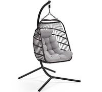 Yaheetech Rattan Egg Swing Chair, Foldable Garden Patio Swing Chair, Indoor/Outdoor Hanging Hammock with Cushion & Pillow & Rain Cover, Weight Capacity of 159 kg Iron for Balcony Hotel, Black & Grey