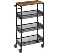 Yaheetech Rustic Brown 4-Tier Storage Trolley With Lockable Wheels & 6 Hooks