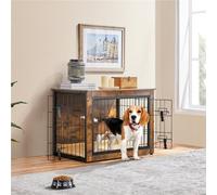 Yaheetech Rustic Brown Wooden Dog Crate With Anti-Skid Plush Mat For Medium-Sized Dogs