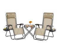 Yaheetech Sun Lounger Set of 3 Reclining Loungers and Table, Beige | 3pcs Texteline Outdoor Set | Convenient Carry Strap & Soft Pillow | For Poolside Backyard and Beach