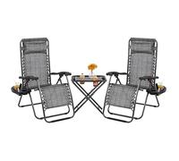 Yaheetech Sun Lounger Set of 3 Reclining Loungers and Table, Gray | 3pcs Texteline Outdoor Set | Convenient Carry Strap & Soft Pillow | For Poolside Backyard and Beach