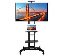Yaheetech Universal Floor TV Stand Mobile Cart on Wheels 2 Tier Tray Height Adjustable Trolley for 32-75 inch Screen, Rolling Television Bracket Stand with Top Tray