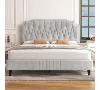Yaheetech Upholstered Bed Frame With Button-Tufted Adjustable Headboard - Beige / Double