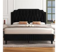 Yaheetech Upholstered Bed Frame With Button-Tufted Adjustable Headboard - Black / Double