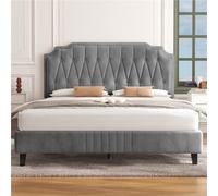Yaheetech Upholstered Bed Frame With Button-Tufted Adjustable Headboard - Light Grey / Double
