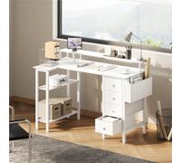 Yaheetech White 120 Cm L Shaped Wooden Computer Desk With Charging Station & 4 Drawers