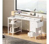 Yaheetech White 140 Cm L Shaped Wooden Computer Desk With Charging Station & 4 Drawers