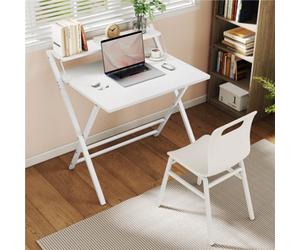 Yaheetech White 2 Tier Modern Foldable Computer Desk With Monitor Shelf