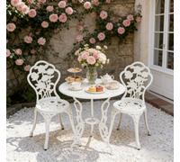 Yaheetech White 3 Piece Patio Bistro Set, 2 Seater Metal Garden Table & Chairs Bistro Coffee Table Set, With Umbrella Hole