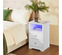 Yaheetech White Bedside Table With Charging Station And Adjustable Led Light Strip