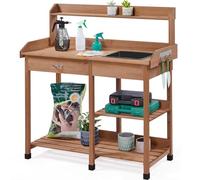 Yaheetech Wooden Potting Table, 2-Layer Slatted Shelf Workbench, Brown | Made of Natural Fir| Practical & Convenient Designs | With Removable Sink, Hooks, Drawer | For Patio, Yard, Lawn