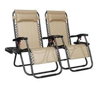 Yaheetech Zero Gravity Chairs Outdoor Adjustable Folding Sunloungers Lounge Recliners w/Pillows, Cup Holder and Carry Strap for Patio Porch Deck Beige Set of 2