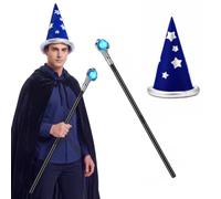 Yahenda 2 Pcs Halloween Blue Wizard Costume, Wizard Hat, Wand | Blue and Silver Wizard Hat with Star, Magic Staff with Stone, Witch Accessories Set, for Adult Men Women Stage Party Dress up