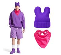 Yahenda 2 Pcs Halloween Purple Costume, Cartoon Beanie Set for Adult | Purple Cat Ear Beanie and Magenta Bandana Scarf Set, Cute Anime Halloween Chef Knit Hat Cosplay Party Accessories Props
