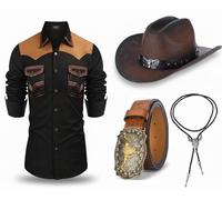 Yahenda 4 Pcs Halloween Men Western Cowboy Costume Embroidered Long Sleeve Shirt Longhorn Bull Belt Bolo Tie Hat (XX-Large) Brown