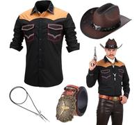 Yahenda 4 Pcs Halloween Men Western Cowboy Costume Embroidered Long Sleeve Shirt Longhorn Bull Belt Bolo Tie Hat(Medium)