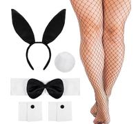 Yahenda 6 Pcs Bunny Costume Set Black Bunny Ears Headband Bow Tie Fluffy Tail Fishnet Stockings for Halloween Women Costume Girl Cosplay Party, Plus Size