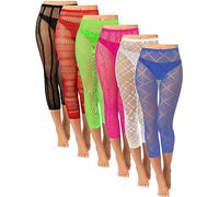 Yahenda 6 Pcs Footless Fishnet Tights for Women Fishnet Thigh High Stockings Lace Mesh Pantyhose Leggings for Halloween, Black, Blue, Green, Red, Rose Red, White, L