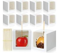 Yahenda 60 Pcs Kraft Candy Apple Boxes with Hole and Stick 4" x 4" x 4" Candied Apple Cake Cookies Chocolate Gift Boxes with Clear Window Caramel Apple Boxes for Wedding Baby Shower Party (White)