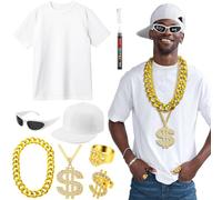 Yahenda 8 Pcs Halloween Hip Hop Costume 80s 90s 2000s Rapper Accessories T-Shirt Sunglasses Visor Chain Ring Pen for Adult, Gold, 5.91 x 0.67 inches/ 15 x 1.7 cm