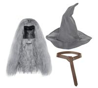 Yahenda Halloween Witch Outfit Accessory Wizard Hat Grey Wig Costume with Beard Belt for Adult Dress up Cosplay Party