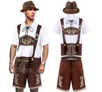 Yahenda Men's Oktoberfest Lederhosen Costume Oktoberfest Outfits Men Shirts and Shorts with Hat Beer Bavarian Costume, Main White and Brown, Large