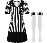 Yahenda Women Referee Costume Set Black and White Stripe Referee Zipper Collar Shirt Referee Skirt Outfit Long Socks for Halloween Cosplay (L)