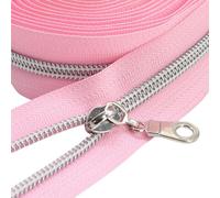 YaHoGa #5 Silver Metallic Nylon Coil Zippers by The Yard Bulk Pink Tape 10 Yards with 25pcs Pulls for DIY Sewing Tailor Craft Bag (Pink)